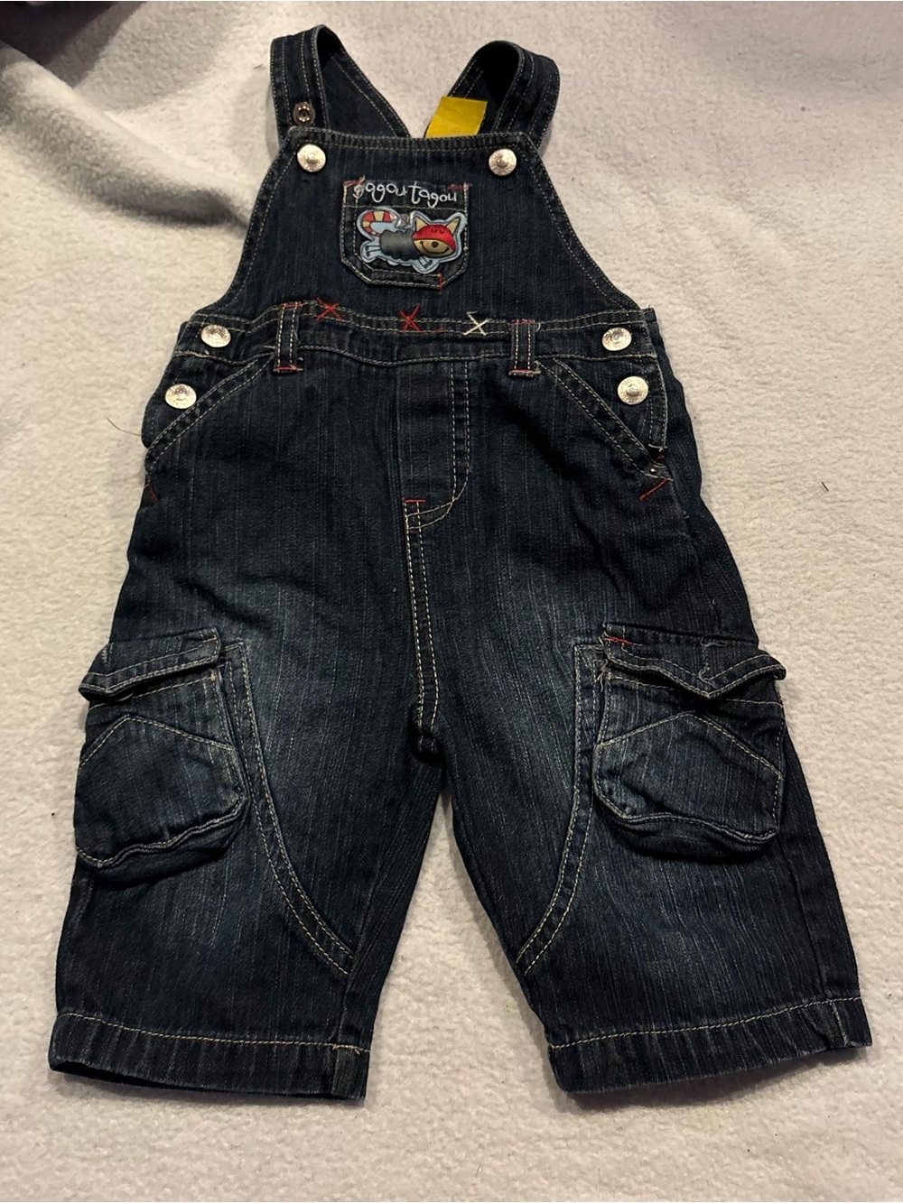 Gagou Tagou dark denim overalls featuring a whimsical embroidered fox patch 3 m